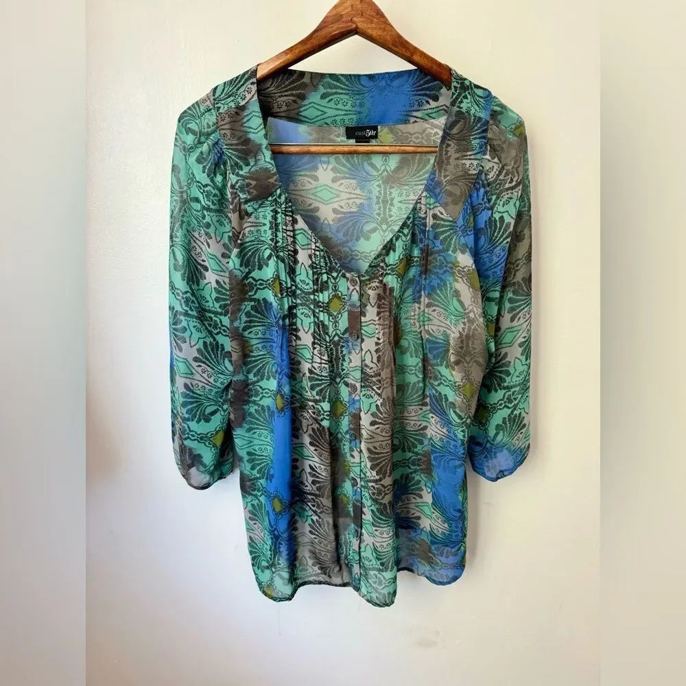 East 5th Geometric Floral Sheer Peasant Blouse Blue Green Size Large